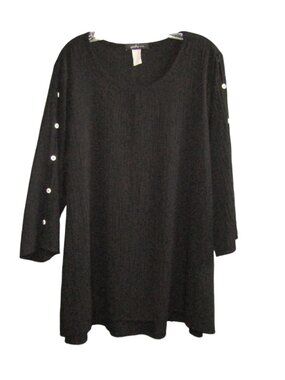 Yushi Black Textured Tunic Top Womens Size XL 3/4 Open Button Sleeve Lagenlook